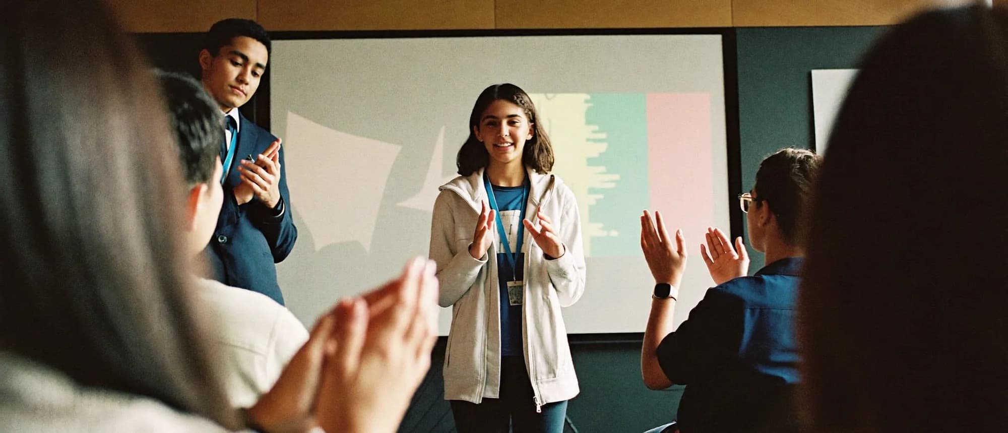 Young student presenting her project to the class, who applaud