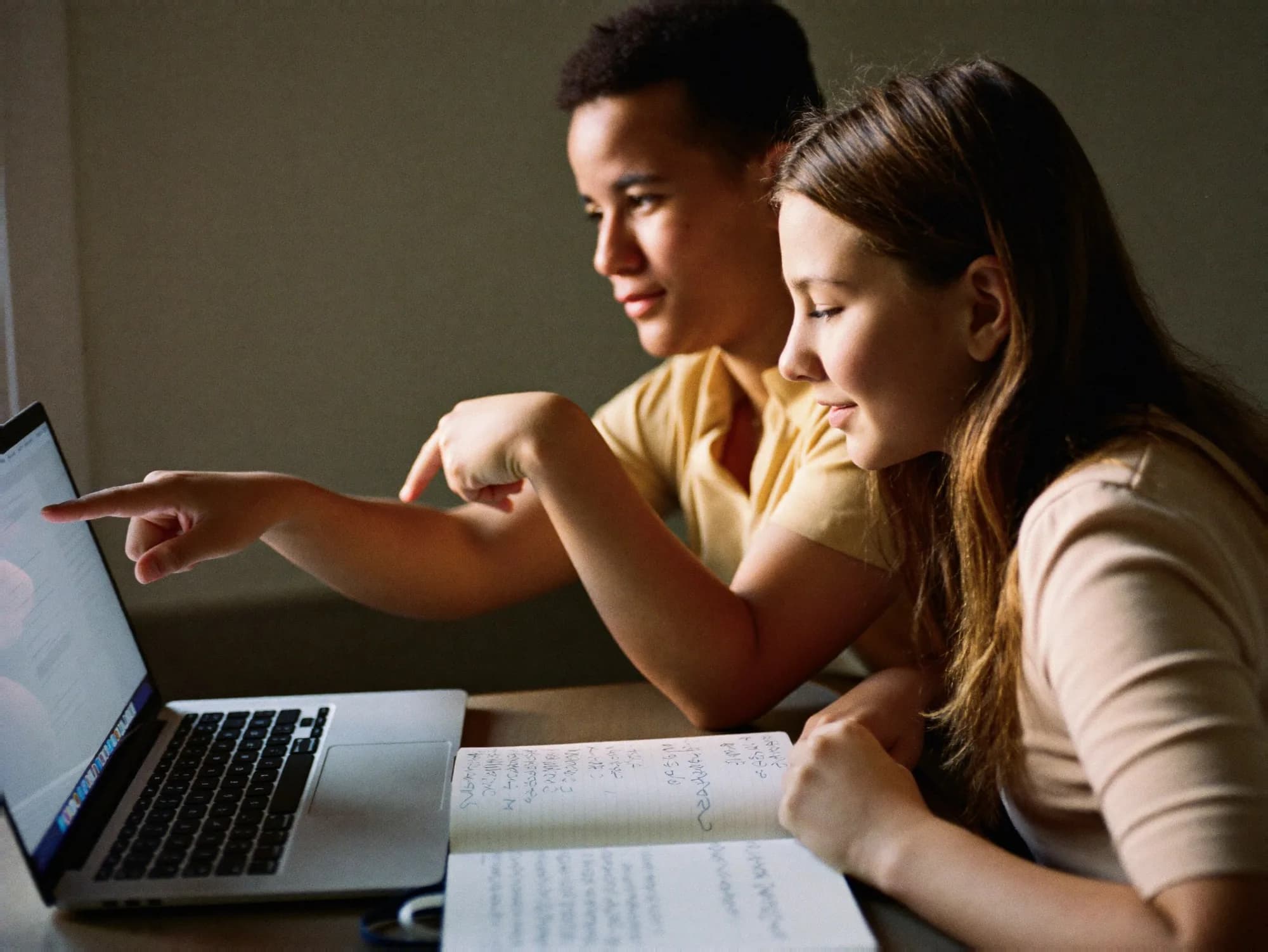 Two students studying together, pointing at a laptop screen