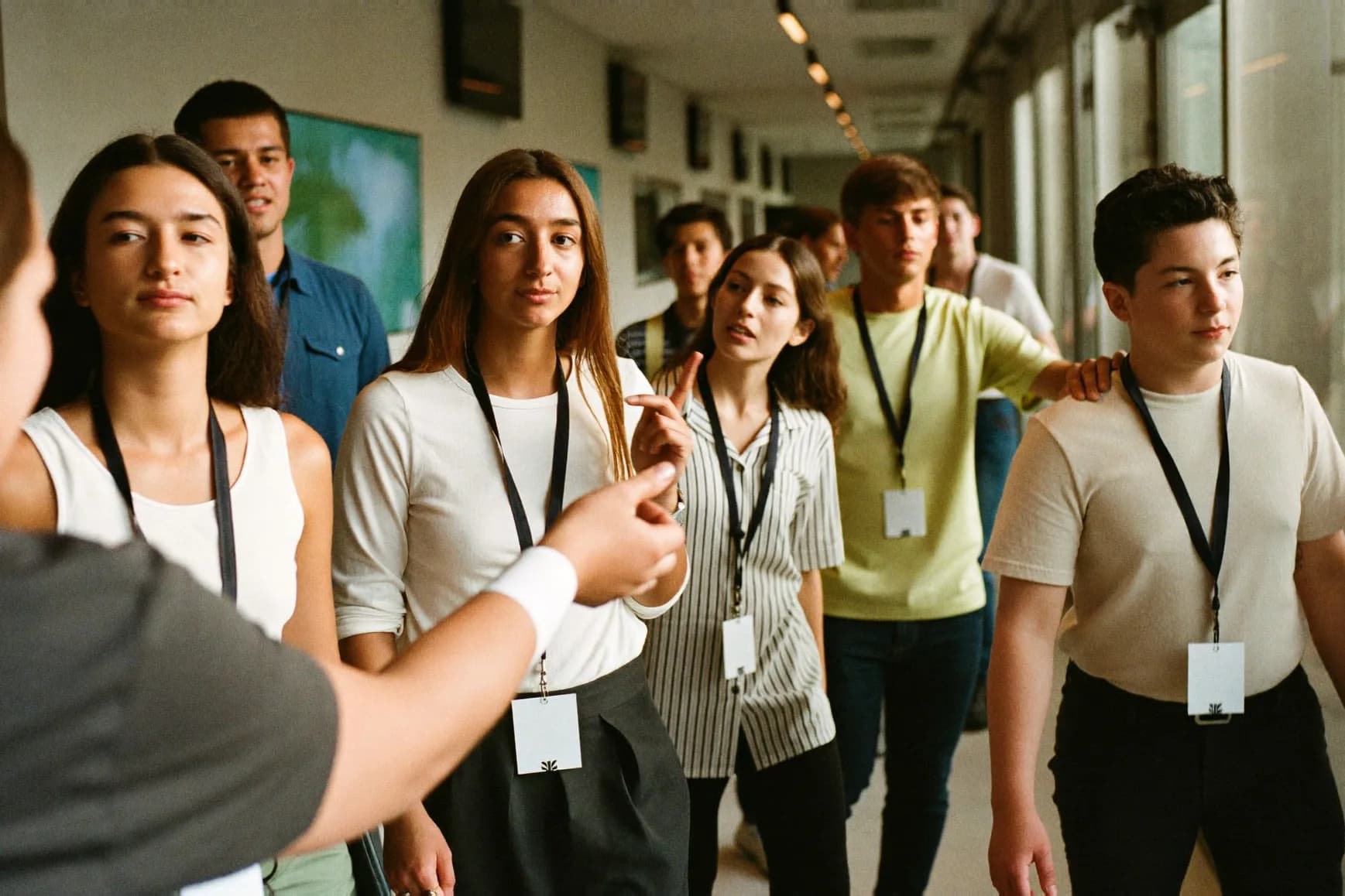 Group of young people with badges on a guided visit to an innovation center