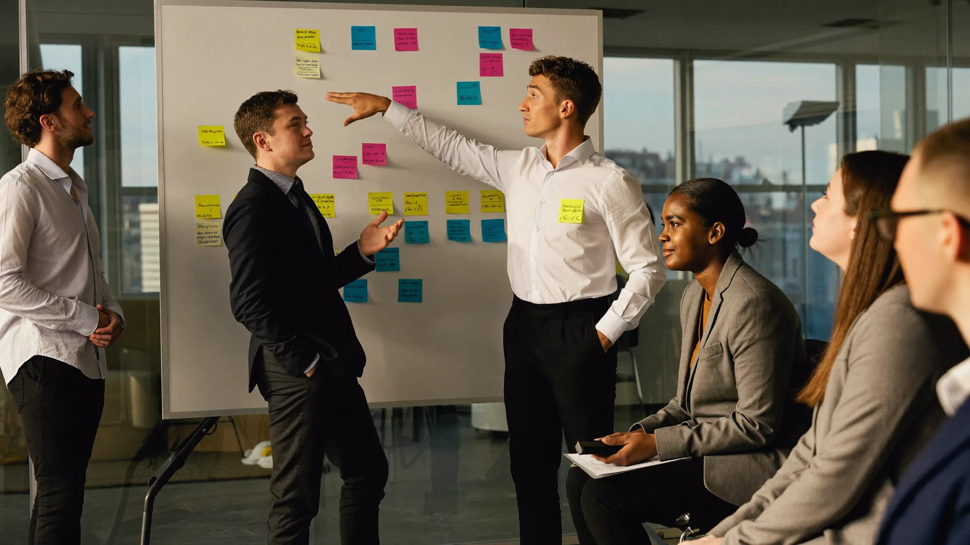 Young team presenting proposals with sticky notes to executives