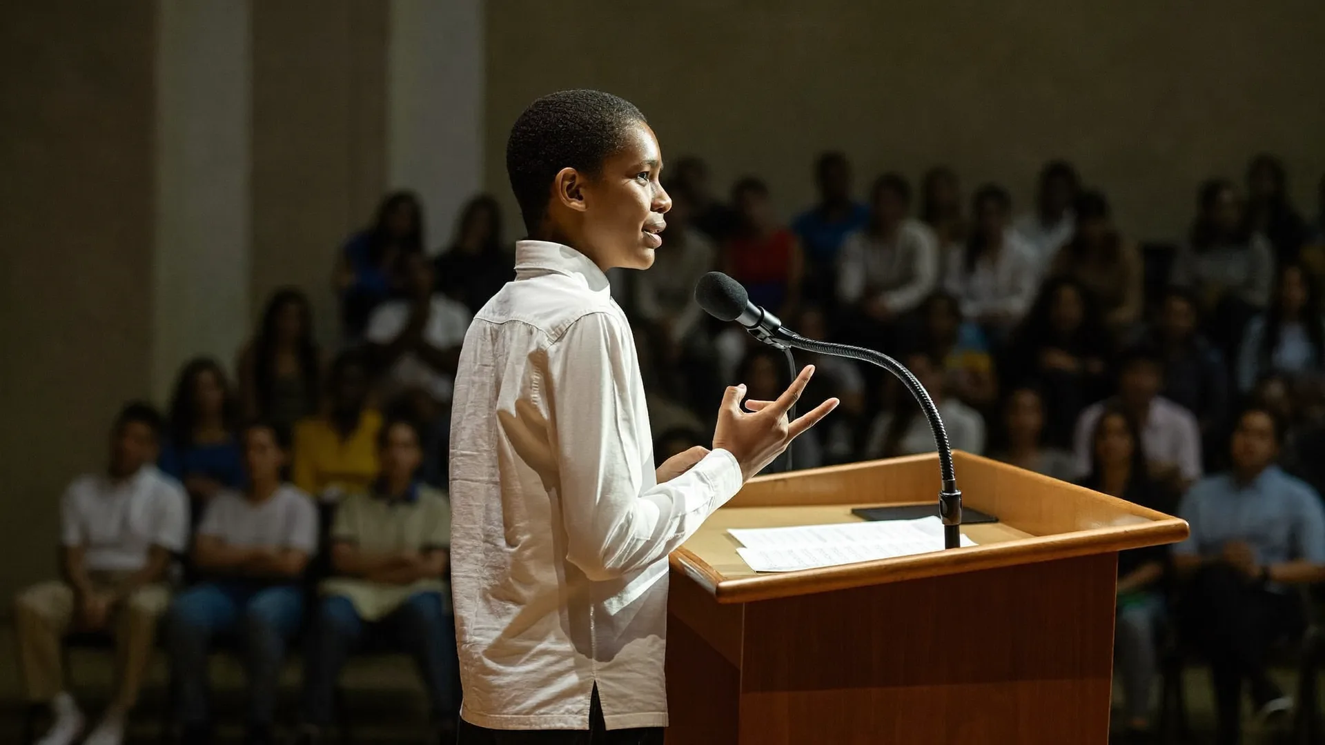 Student speaking into a microphone at an auditorium podium
