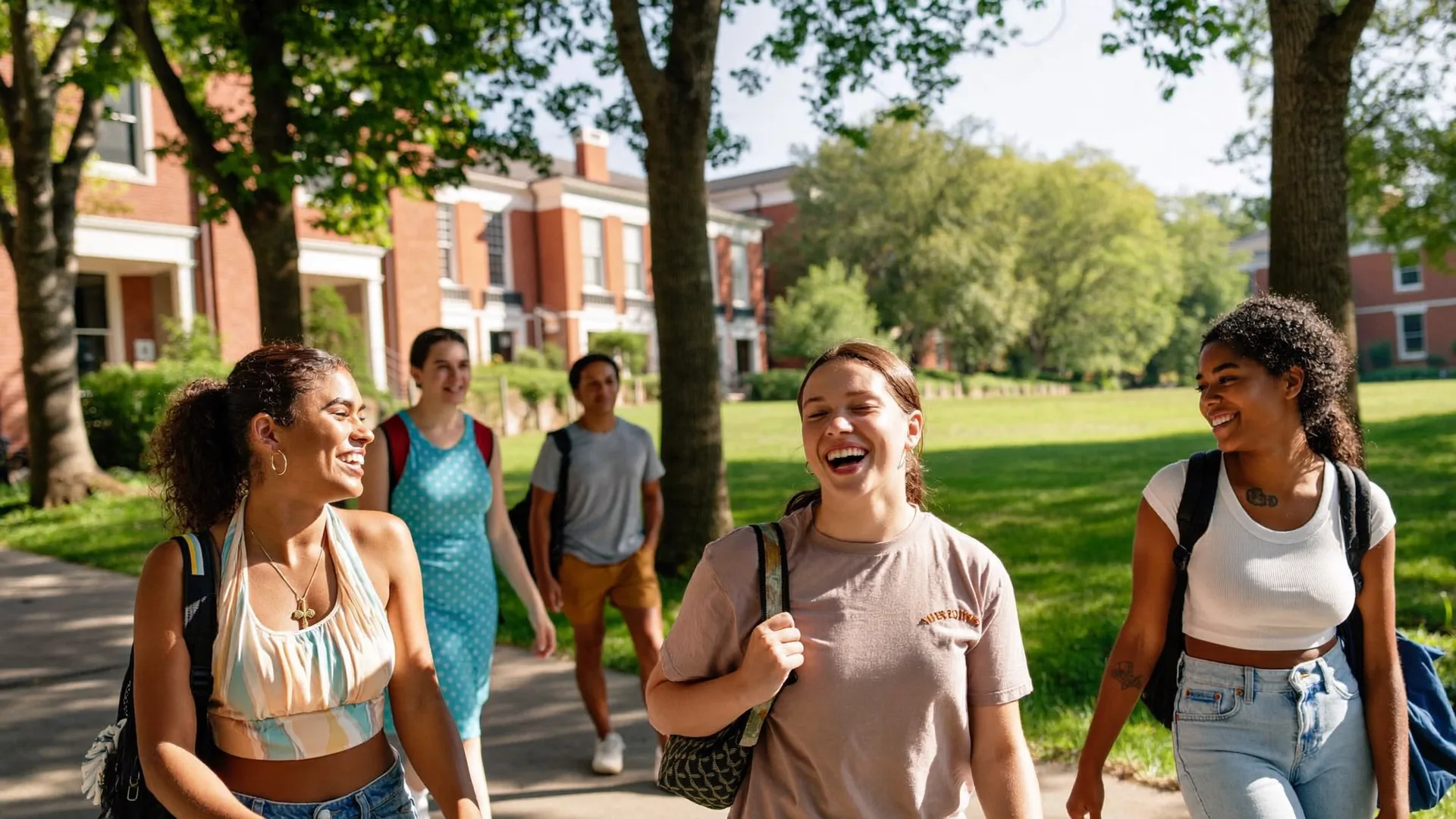 Students walking across an American university campus in summer